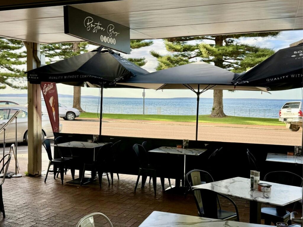View from inside diner to outdoor seating